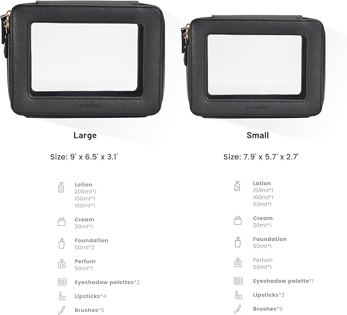 Aveniee Clear Makeup Bag, Portable Travel Toiletry Bag Cosmetic Case for Women, Vegan Leather Make Up Pouch Organizer Car Bag for Essentials 2pcs(Middle & Large) - Black