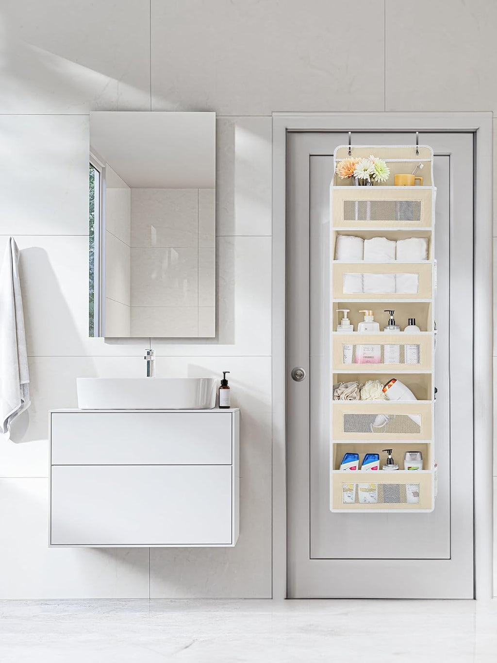 JARLINK Over The Door Organizer Storage, 5 Shelf Hanging Door Organizer with 5 Large Capacity Pockets, Anti Tilt 44 lb Load Behind Door Storage for Bedroom, Bathroom, Pantry, Nursery, (Beige)