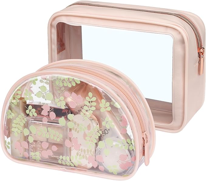 PACKISM TSA Approved Toiletry Bag - Pink Floral Print Clear Shell Bag and Upgrade Color-Edged Clear Travel Bag, Perfect for On the Go or Travel, Lightweight and Robust, 2 Pack