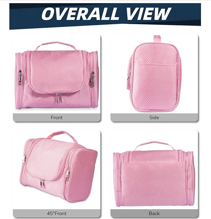 Buruis Large Capacity Toiletry Bag for Women and Men, Hanging Toiletry Organizer Cosmetics Makeup Bag, Water-resistant Dopp Kit Shaving Bags for Full Sized Toiletries, Travel Essentials (Pink)