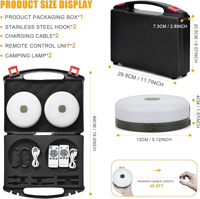 2 PCS Solar Camping String Lights,40.45FT Fairy String Lights with 10 Lighting Modes,Waterproof Camping Lamp with Remote Control,Solar Power and USB Rechargeable Camping Lights for Yard Hiking