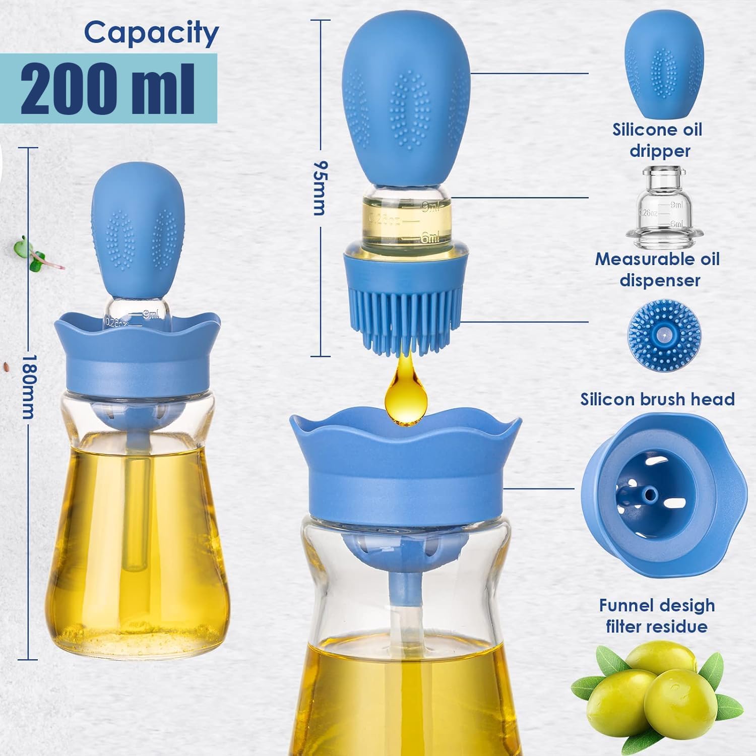 Oil Dispenser Bottle with Silicone Brush, 3 Pack 180ML 2 in 1 Silicone Dropper Measuring Oil Dispenser Bottle for Kitchen Cooking, Frying, Baking, BBQ Pancake, Air Fryer, Marinating