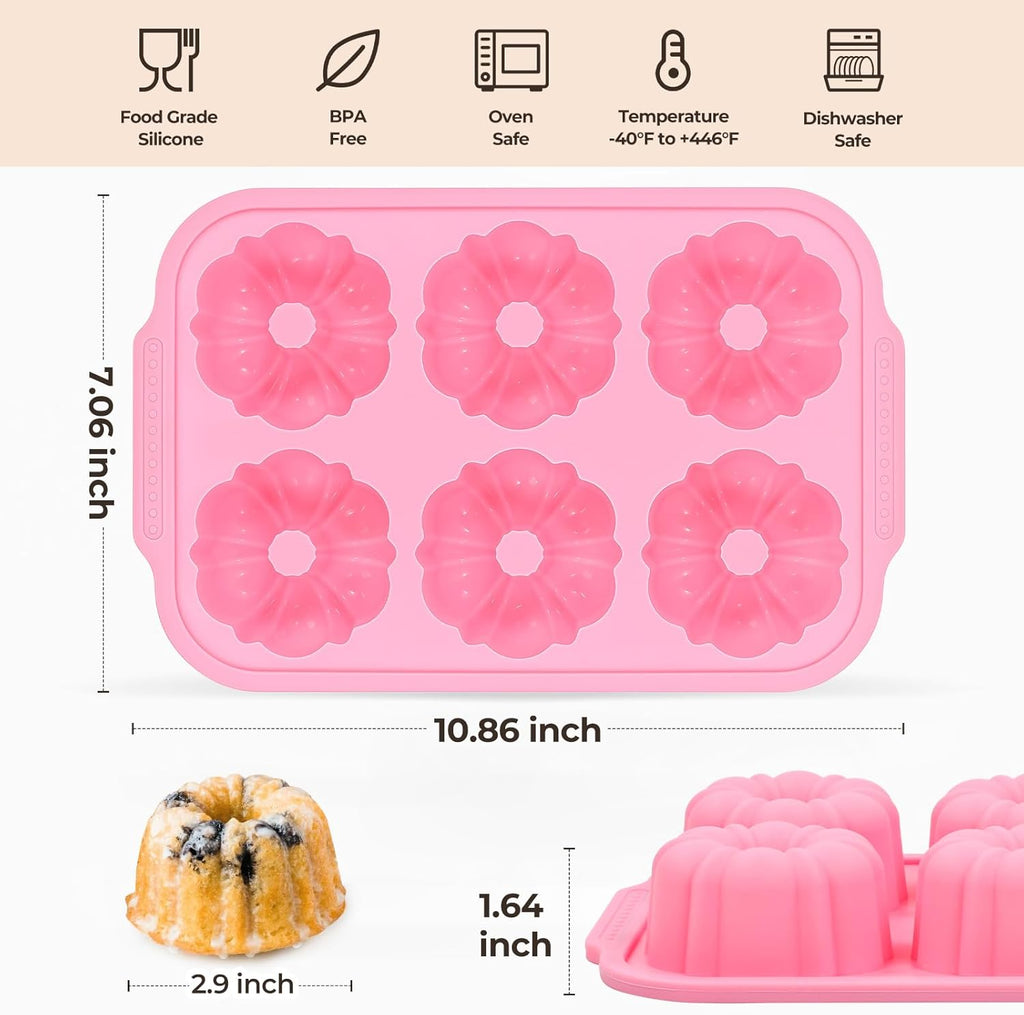 Mini Bundt Cake Pans for Baking, 2Pcs Silicone 6-Cavity Fluted Tube Cake Pan with Metal Reinforced Frame, Nonstick Baking Molds for Cupcake, Brownie, Donuts, Cornbread, Jello