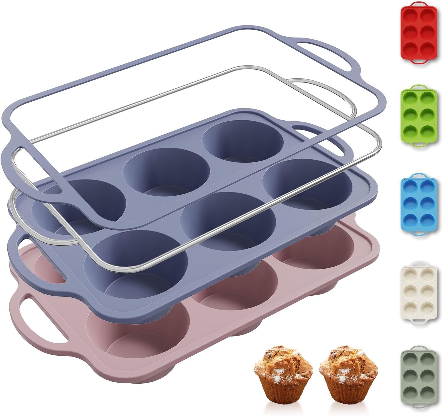 2 Packs 6 Cups Silicone Muffin Pan with Metal Reinforced Frame Jumbo Size Cupcake Pan Tray Egg Bites Silicone Circle Cookie Molds Extra Large Muffin Tin Tart Pans for Breakfast Sandwiches