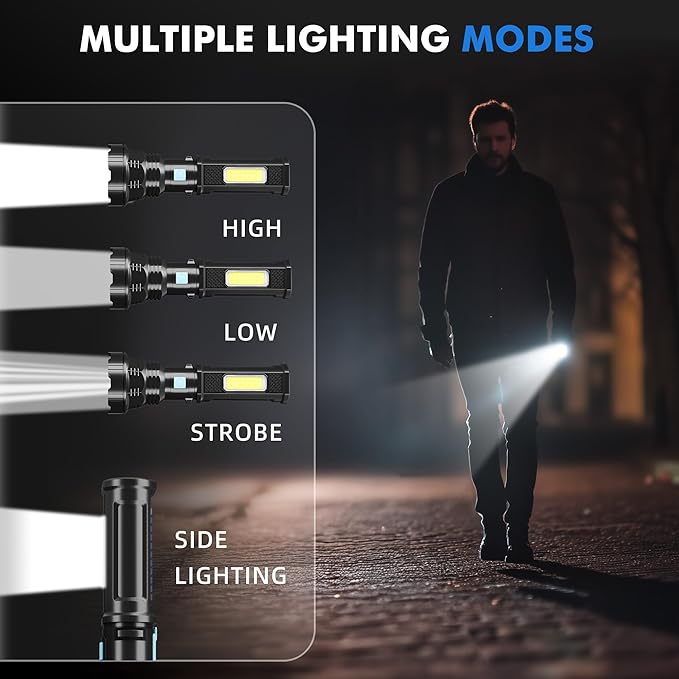 Solar/Rechargeable LED Flashlights, Multi Function Flashlight with 2000 mAh Battery, Emergency Strobe Light, Waterproof, Fast USB Charging, Survival Gear and Supplies for Emergencies Camping