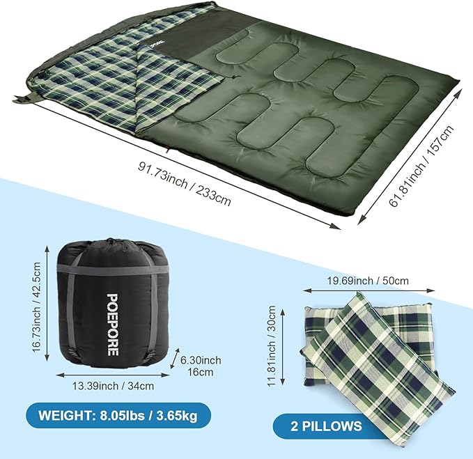 Double Sleeping Bag Flannel for Adults with 2 Pillows 2 Person Sleeping Bags Camping XXL Queen Size Two Person Sleeping Bag for Cold Weather