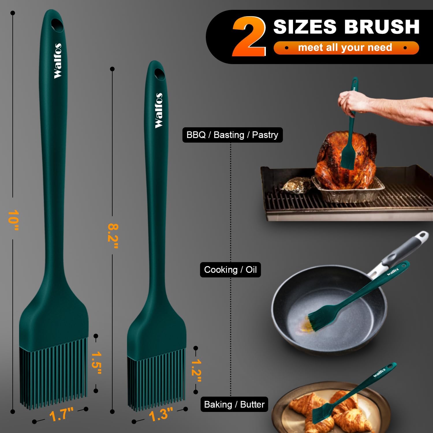 Walfos Silicone Basting Pastry Brush, 2 Size Pastry Brush Set, Perfect for BBQ Grill Kitchen Cooking, BPA Free and Dishwasher Safe, 2 Pcs (Ink Green)