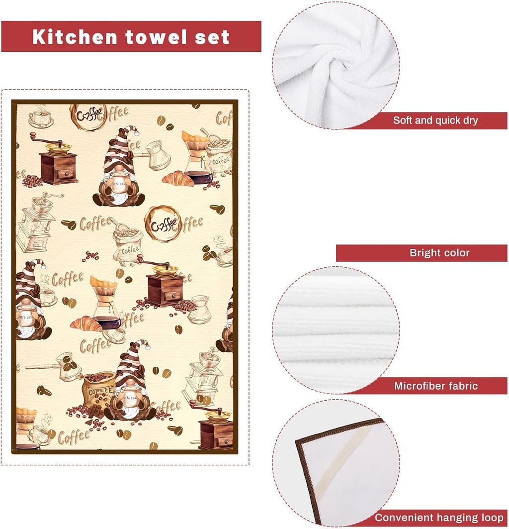 Vintage Coffee Kitchen Towels and Oven Mitts Set 4Pcs, Soft Absorbent Dish Cloth Heat Resistant Oven Gloves for Cooking Baking Kitchen Decoration, Gifts for Her