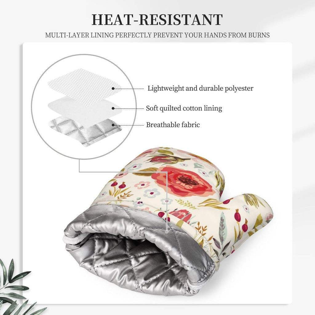 Wildflowers Floral Oven Mitts Pot Holders Set Silicone Heat Resistant Botanical Floral Oven Mitts and Hot Pads Potholders Non-Slip Oven Gloves for Cooking Baking Grilling BBQ