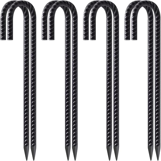 VVOKGO Rebar Stakes 12 Inch Heavy Duty J Hook 8 Pack, Galvanized Garden Tent Ground Stakes Steel Point End,Chain Link Fence Stakes for Dogs Digging Wire Fencing,Trampoline Stakes with Chisel,Black