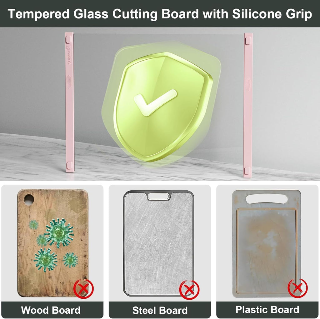 Glass Cutting Board with Silicone Grip, 80% Stronger Shatter Resistance and Slip Resistance,No Scratches/Microplastic-Free,Dishwasher Safe, Non Toxic Cutting Board for Kitchen (Pink-12 * 8"&16 * 12")