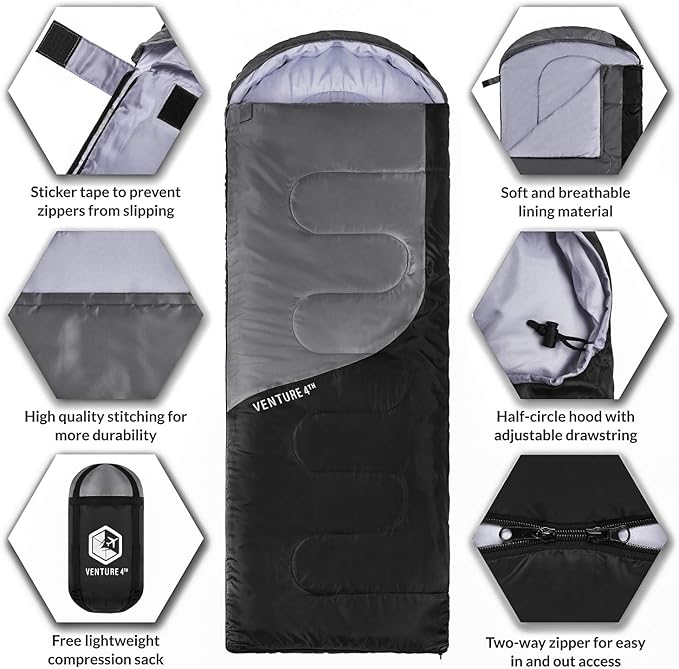 VENTURE 4TH Backpacking Sleeping Bag – XXL, Double and Single Sizes - Lightweight Warm & Cold Weather Sleeping Bags for Adults, Kids & Couples – Ideal for Hiking, Camping & Outdoor Adventures