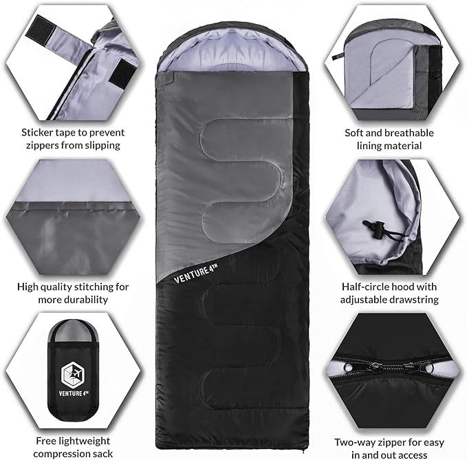 VENTURE 4TH Backpacking Sleeping Bag – XXL, Double and Single Sizes - Lightweight Warm & Cold Weather Sleeping Bags for Adults, Kids & Couples – Ideal for Hiking, Camping & Outdoor Adventures