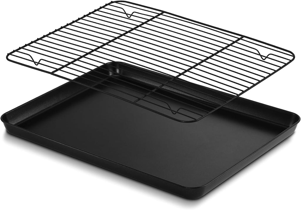 P&P CHEF Baking Oven Sheet Pan with Rack for Cookie, Nonstick Oven Tray and Cooling Rack for Baking & Roasting, Easy Clean, Black, 16 x 12 Inch