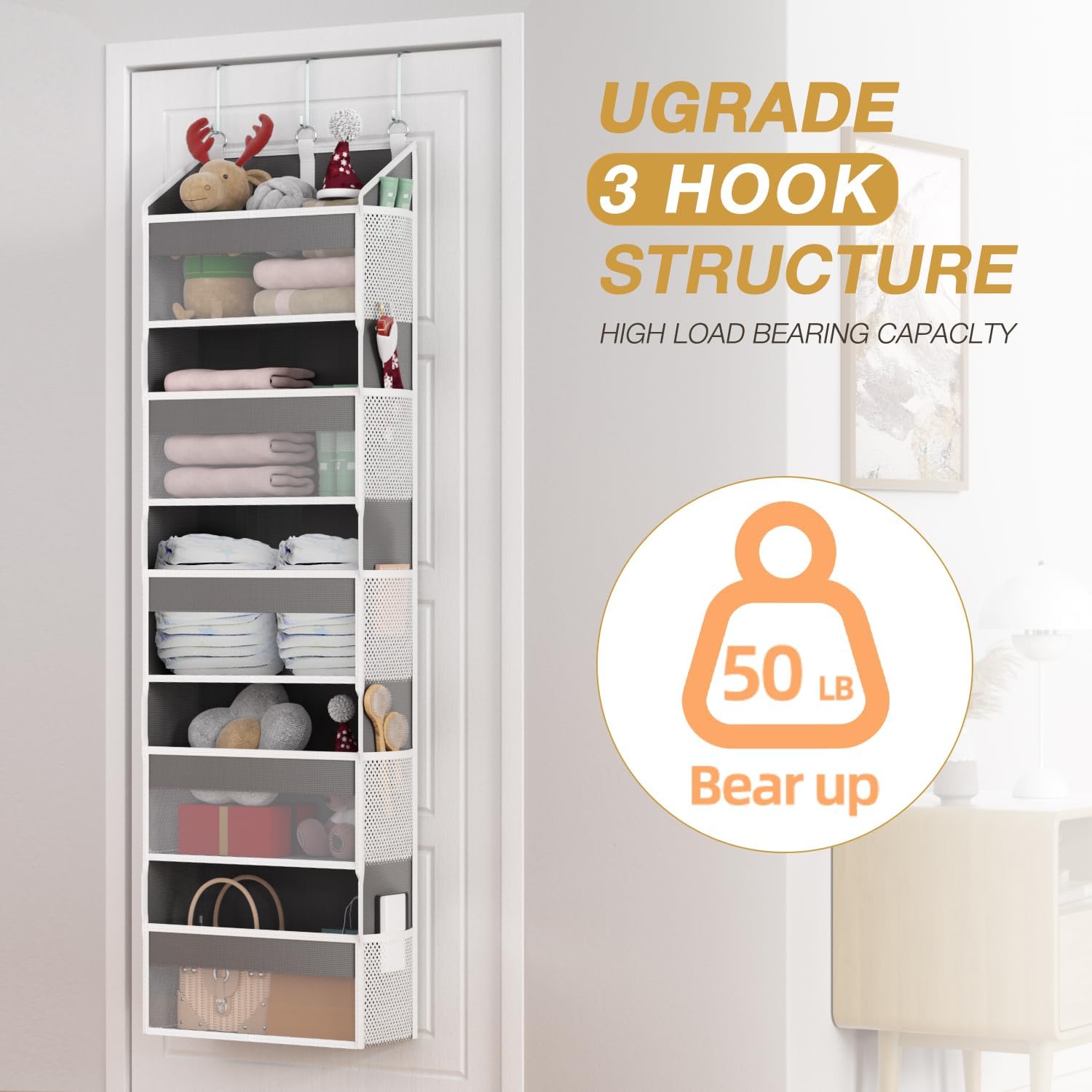 Over the Door Organizer with 5 Front & 10 Mesh Side Pockets, 50LB Capacity Extra Large Hanging Storage Organizer Multi-Room Space-Saving Design with 3 Sturdy Hook for Closet, Bathroom, Kitchen, Pantry