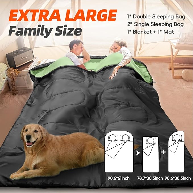 MEREZA Double Sleeping Bag, 2 Person Sleeping Bag for Adult Mens Camping, Two Person Sleeping Bag with Pillow Outdoor Indoor, XL Queen Size Sleeping Bag for Cold Warm Weather