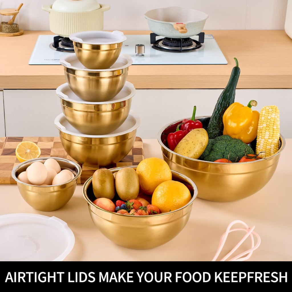 Gold Mixing Bowls with Lids Set of 7, Stainless Steel Nesting Bowl with Khaki Lid for Non-slip Mixing Prepping Storing Serving, 7 Sizes-7/3.6/2.7/2.1/1.5/1/0.8 QT