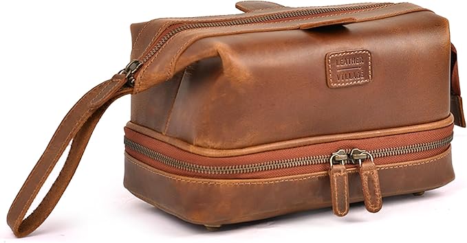 LEATHER VILLAGE Genuine Leather Dopp Kit – Large Travel Toiletry Bag with Waterproof Lining, Dual-Zip Design for Men & Women, Organizer for Shaving, Makeup & Essentials - Tan