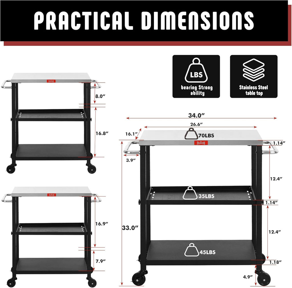 3-Shelf Grill Table,Pizza Oven Stand with Adjustable Shelf, Movable Grill Cart, for Outside,Outdoor Bar Cart with Wheels,Stainless Steel Tabletop,L34xW16.1