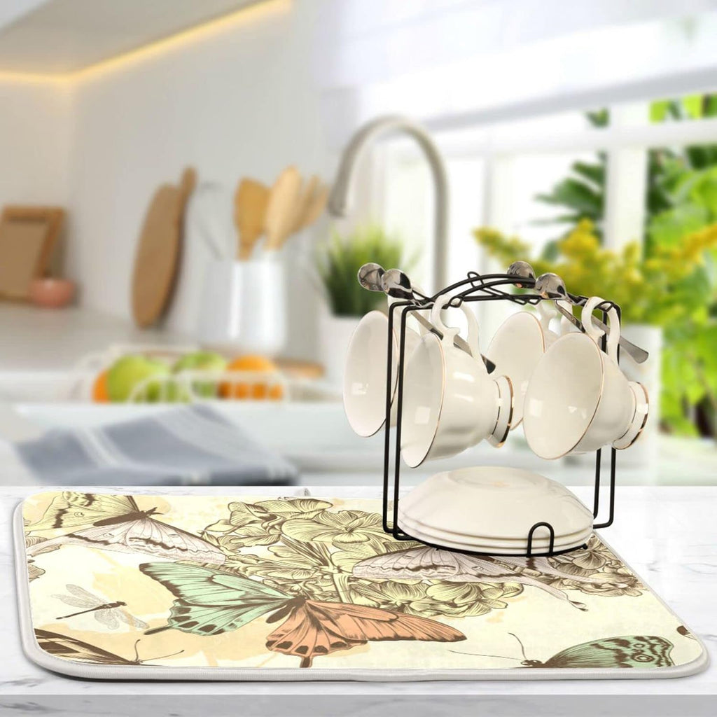 senya Super Absorbent Dish Drying Mat, Microfiber Fast-Drying 24'' x 18'', Kitchen Pad, Retro Butterfly