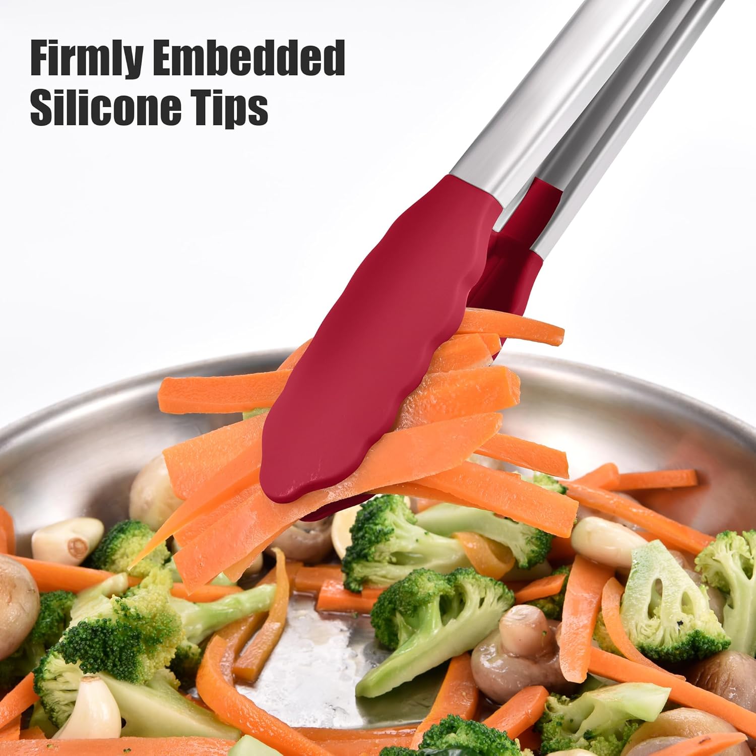 Doosu Kitchen Tongs for Cooking - 600°F Heat Resistant Food Tong with Non-Scratch Silicone Tips, Heavy Duty Stainless Steel Locking Tong for BBQ, Grilling Steak, Serving Salad, Pasta (12in, Red)