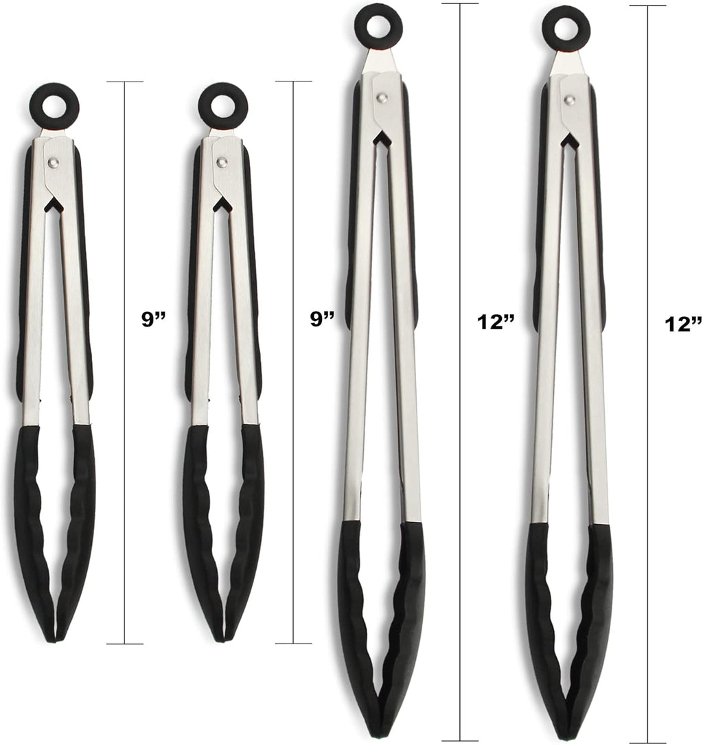 4 Pack Black Kitchen Tongs, Premium Silicone BPA Free Non-Stick Stainless Steel BBQ Cooking Grilling Locking Food Tongs, 9-Inch & 12-Inch