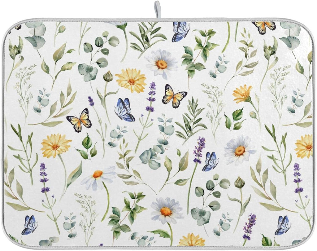 Wildflowers Butterflies Botanical Leaves Dish Drying Mat for Kitchen Counter Absorbent Microfiber Drying Pad, Medium 16x18 in, Reversible Drainer Mats