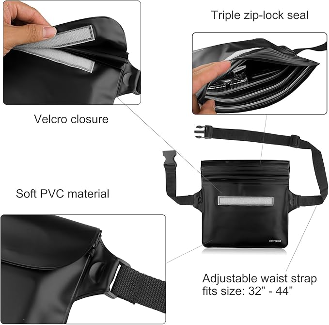 Waterproof Waist Pouch 2-Pack | Beach Accessories Fanny Pack for Swimming Snorkeling Sailing Kayaking Beach Pool Water Parks | Keep Your Phone Wallet Safe and Dry (White & Black)