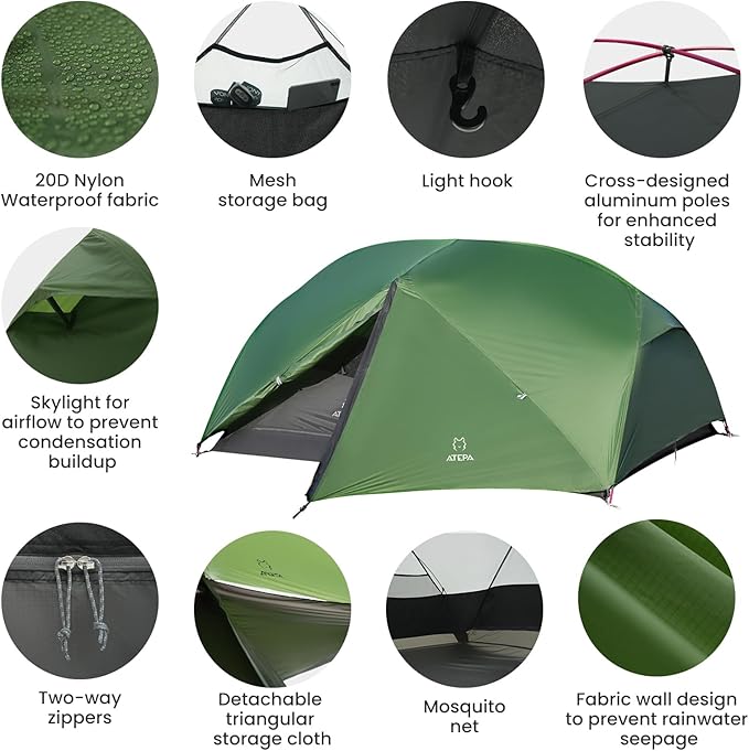 ATEPA Ultralight Backpacking Tent, 2 Person 1 Person Nylon Lightweight 4000MM+ Waterproof Windproof Portable Tent with Aluminum Frame & Rainfly for Backpacking Hiking Camping Motorcycle, 4 Season