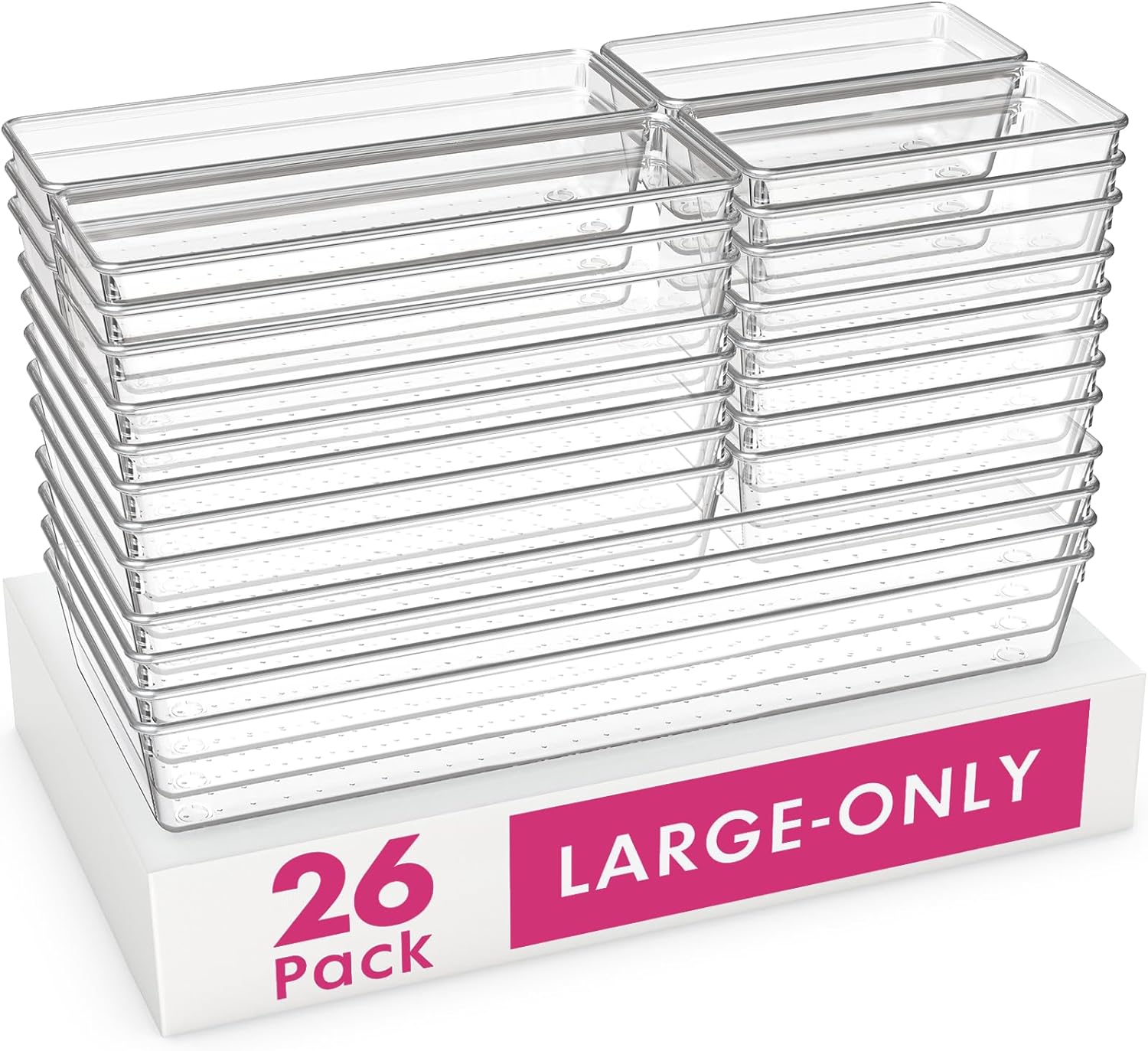 Criusia 26 Pack Large Clear Plastic Drawer Organizer Bins -5 Size Heavy Duty Acrylic Kitchen Drawer Organizers and Storage for Utensils -Bathroom Drawer Organizer Trays for Makeup Office Organization