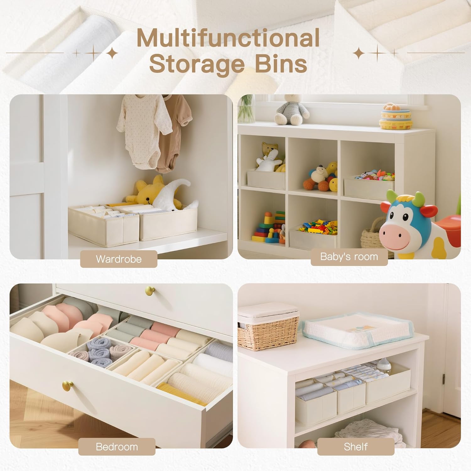 Criusia Drawer Organizer Clothes, 14 Pack Dresser Organizer for Baby Clothes, Underwear, Sock- Foldable Closet Organization and Storage Dividers Bins for Nursery, Bedroom and Dorm (Beige)