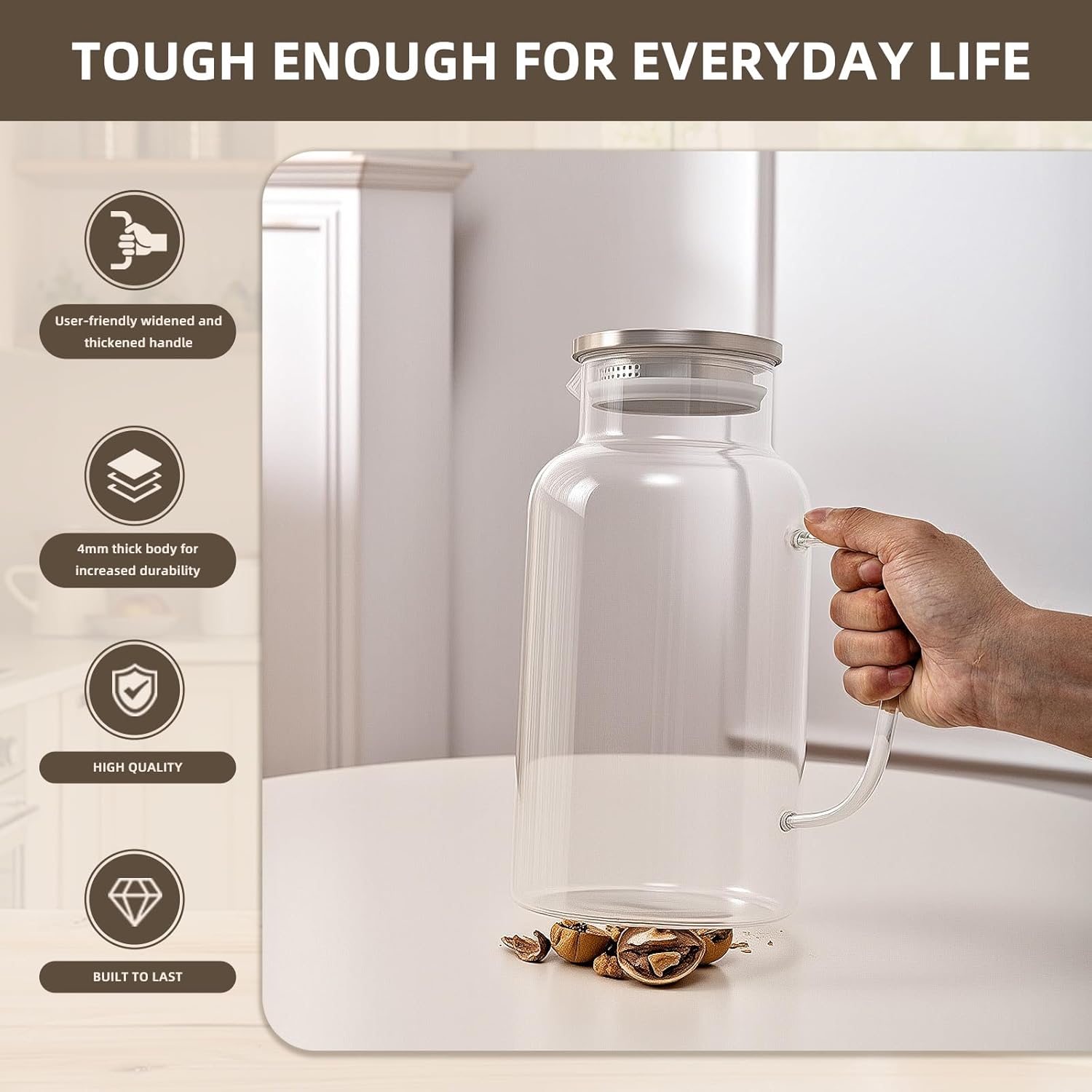 Glass Water Pitcher with Lid and Spout, 1 Gallon Heat Resistant Borosilicate Glass Carafe, Temperature Safe