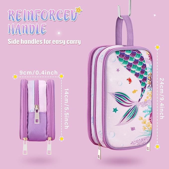 WAWSAM Mermaid Toiletry Bag - Kids Toiletry Bag for Girls Christmas Birthday Gift Camping Travel Toiletry Case Toiletries Makeup Cosmetic Pouch Pink Water-resistant Wash Bag Dopp Kit with Mesh Pocket