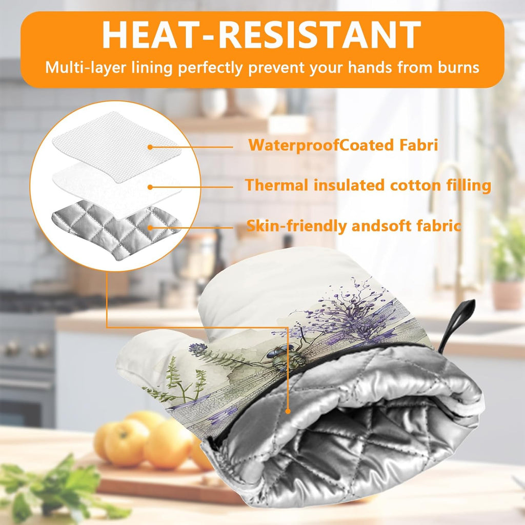 Dragonflies Oven Mitts and Pot Holders Sets 4Pcs,Extra Long Oven Gloves Potholder for Kitchen Cooking Baking BBQ 100% Cotton Heat Resistant