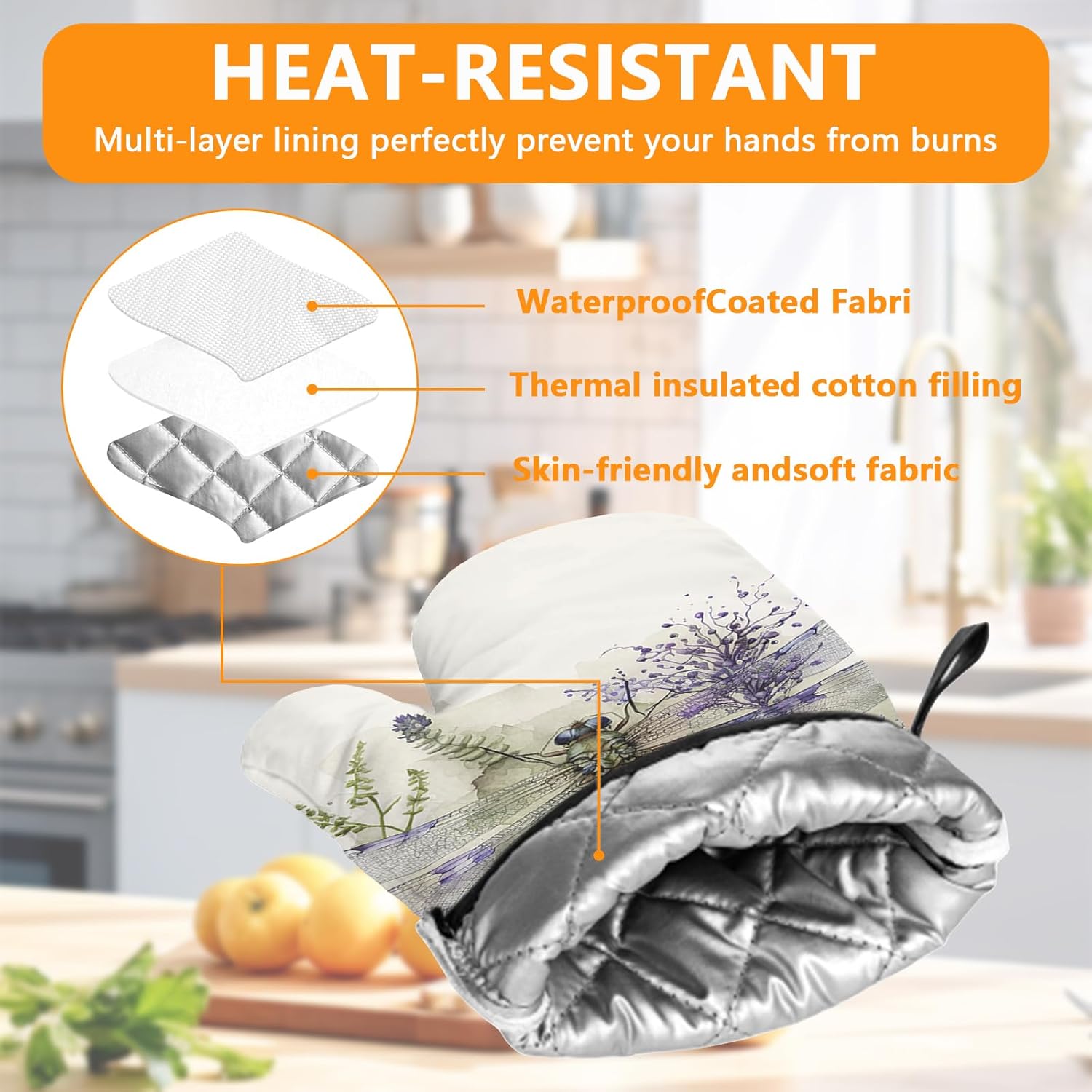 Dragonflies Oven Mitts and Pot Holders Sets 4Pcs,Extra Long Oven Gloves Potholder for Kitchen Cooking Baking BBQ 100% Cotton Heat Resistant