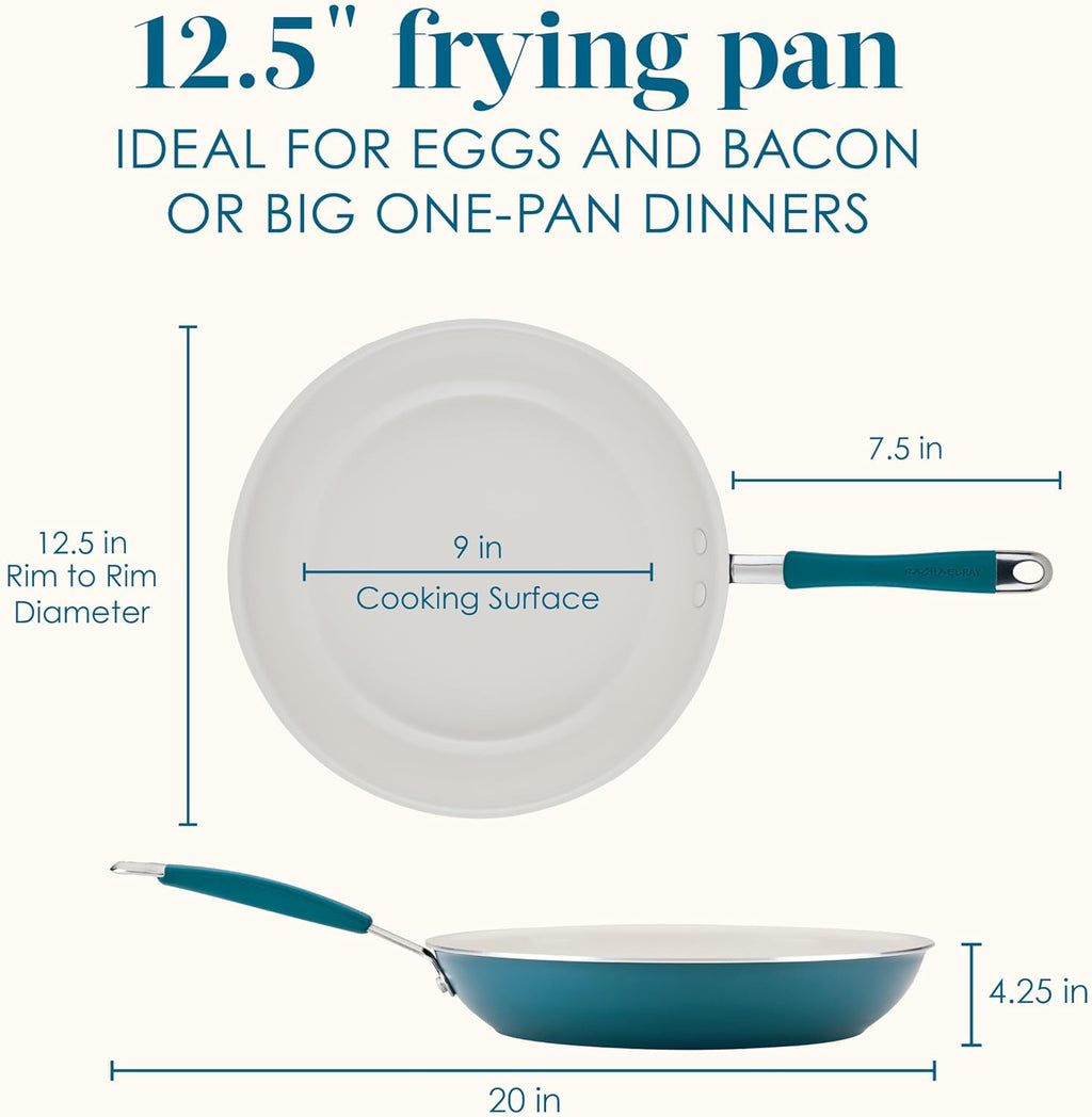 Rachael Ray Cucina Ceramic Nonstick Frying Pan/Skillet, 12.5 Inch Non Stick Open Fry Pan, Dishwasher Safe - Marine Blue