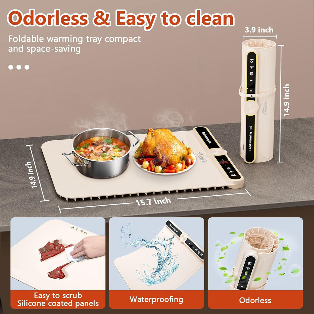 Silicone Warming Mat for Food - Electric Warming Trays for Food with 9 Temperature Settings and 6 Hours Timer, Heating Pad for Food Warming with Full Surface Heating for Buffet Parties(Beige)