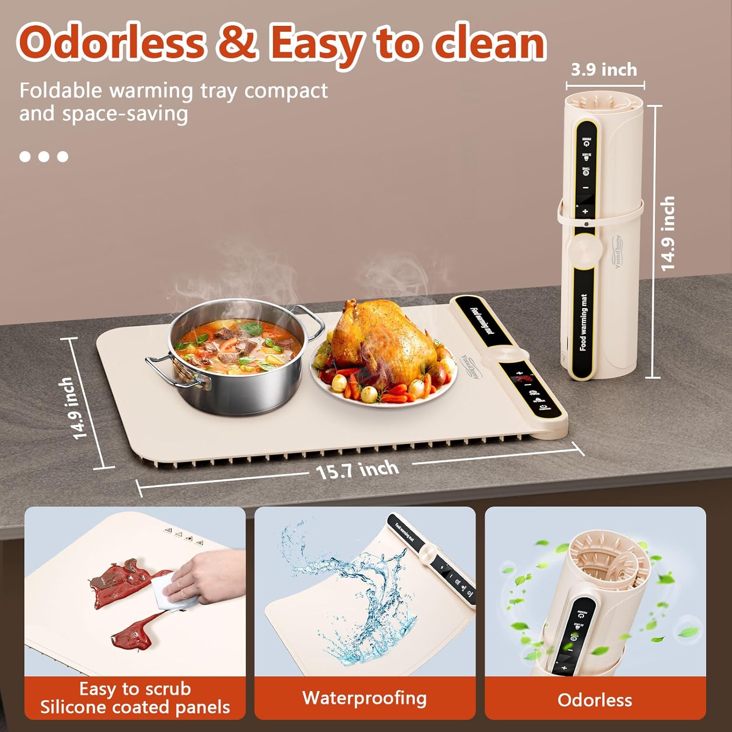 Silicone Warming Mat for Food - Electric Warming Trays for Food with 9 Temperature Settings and 6 Hours Timer, Heating Pad for Food Warming with Full Surface Heating for Buffet Parties(Beige)