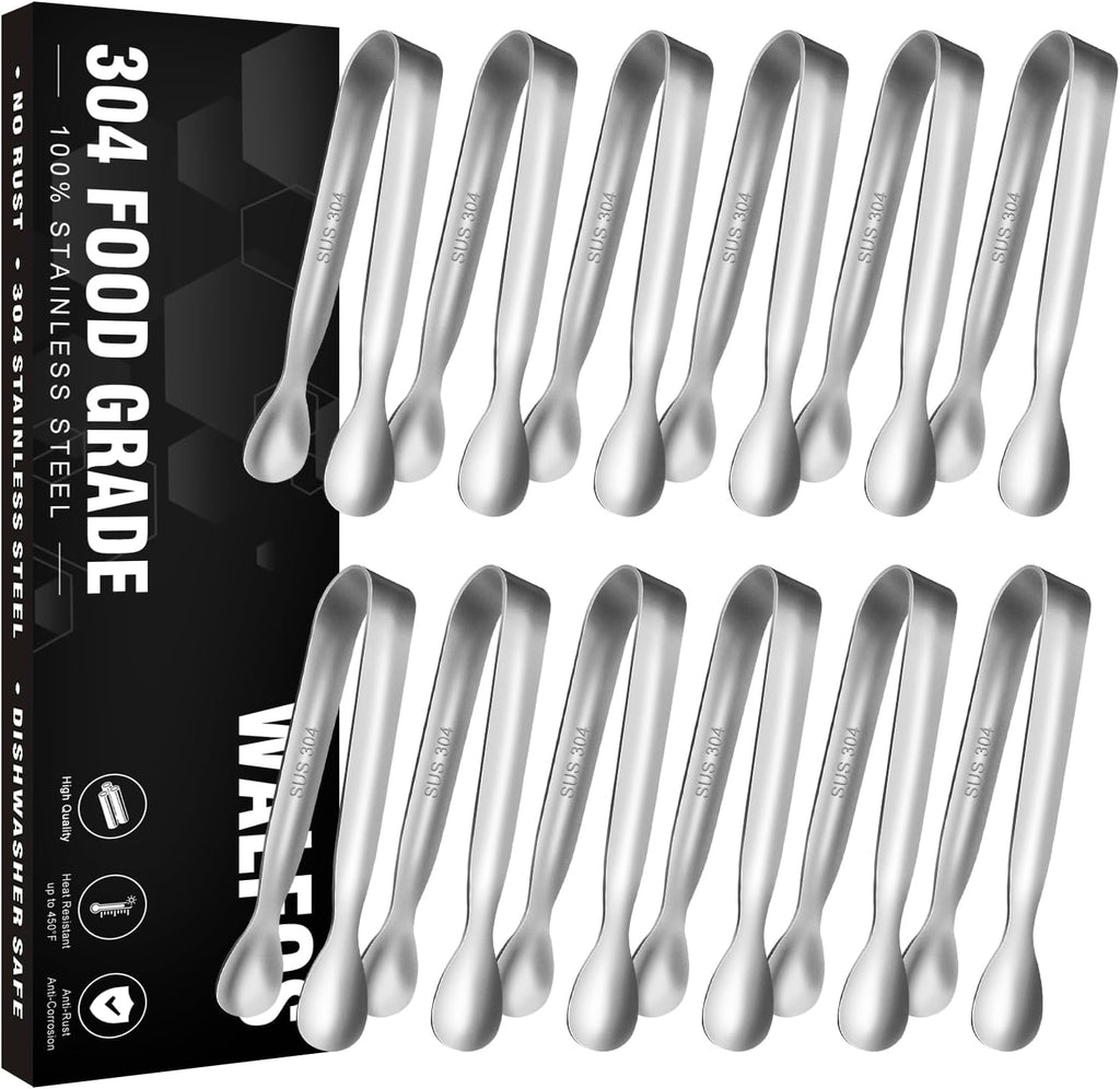 Walfos Mini Tongs for Serving Food, Small Stainless Steel Kitchen Tongs for Appetizers, Sugar, Desserts, Tea Party, Coffee Bar, Set of 12 (Silver)