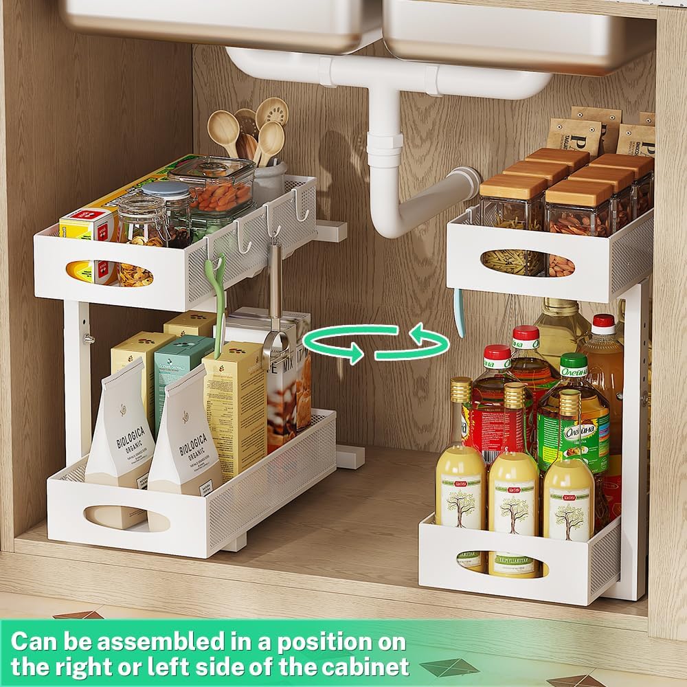 2-pack under sink organizer, 2-tier under sink organizer and storage, slide-out pull-out cabinet organizer with mesh metal sliding drawer for home kitchens, bathrooms, pantries (white)