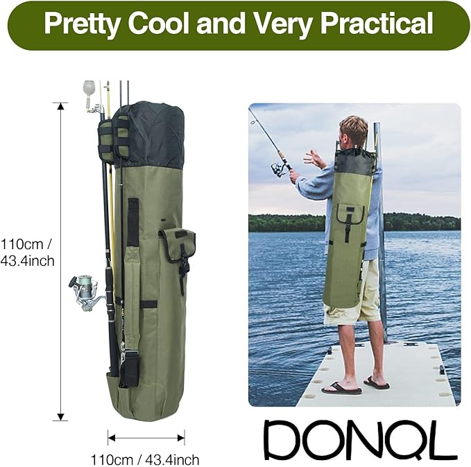 DONQL Fishing Rod Bags - Outdoor Pole Holders, Multifunction Camping Portable Canvas Backpack Case - Fish Rod Storage Bag Holding 5 Poles & Tackles (Dark Green)