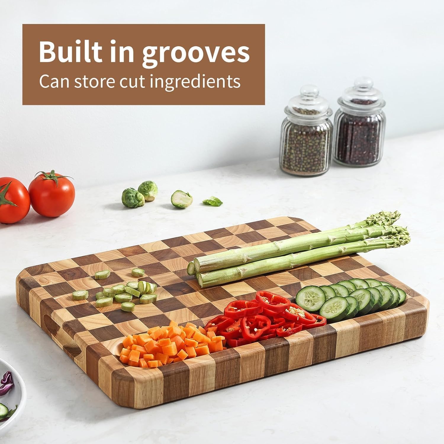 Large wood Cutting Board for Kitchen with Juice Handles ， Chopping Board Cheese Charcuterie Board (Checkered cutting board)