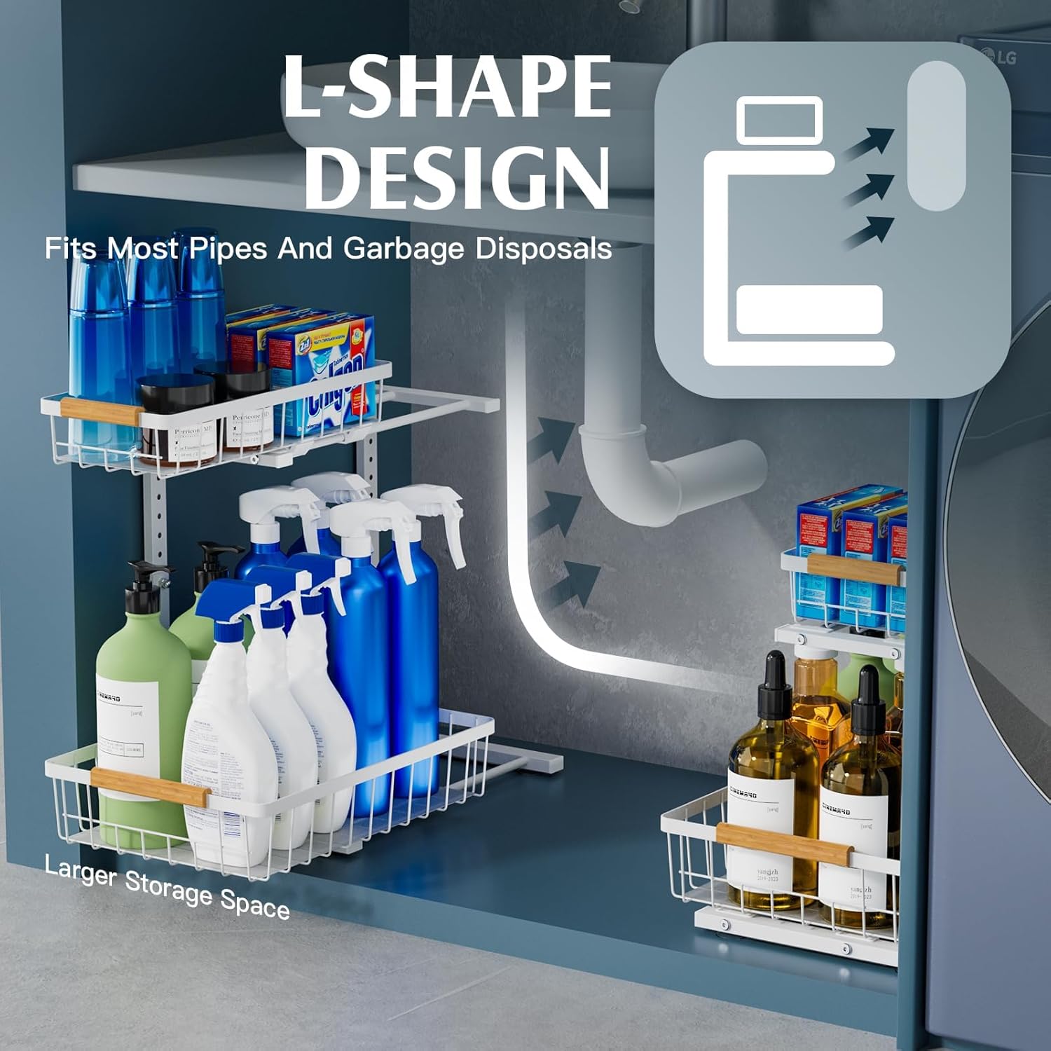 2 Pack Under Sink Organizers and Storage, Height Adjustable Under Sink Storage, Under Cabinet Organizer, Metal 2 Tier Pull out Cabinet Organizer, Bathroom Organizers and Storage, White