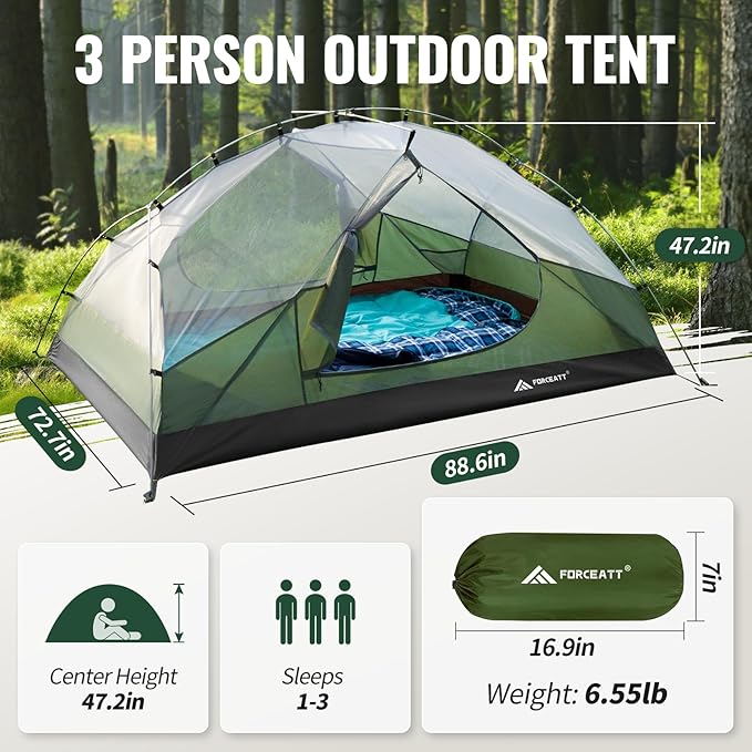Forceatt Tent for 2 and 3 Person is Waterproof and Windproof, Camping Tent for 3 to 4 Seasons,Lightweight Aluminum Pole Backpacking Tent Can be Set Up Quickly,Great for Hiking