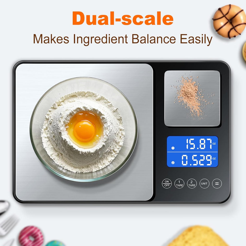 0.001oz/33lbs Dual Platform Food Kitchen Scales Digital Weight Grams and Ounces, Two Precisions Kitchen Scale for Sourdough Bread, Baking and Cooking with 7 Units Tare, Accumulation Functions