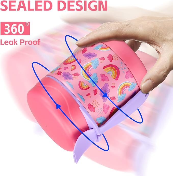 10oz Soup Thermo for Hot Food Kids Insulated Food Jar,Thermo Hot Food Lunch Container, Width Mouth Stainless Steel Lunch Box for Kids with Spoon (Pink-rainbow)