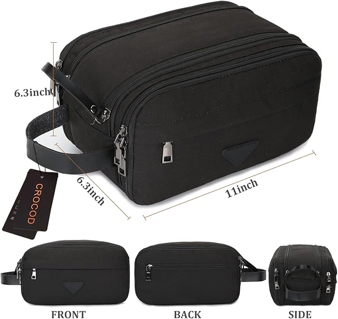 Mens Toiletry Bag Travel Leather Toiletry Organizer Dopp Kit for Men Water-resistant Shaving Bag for Bathroom (Black)