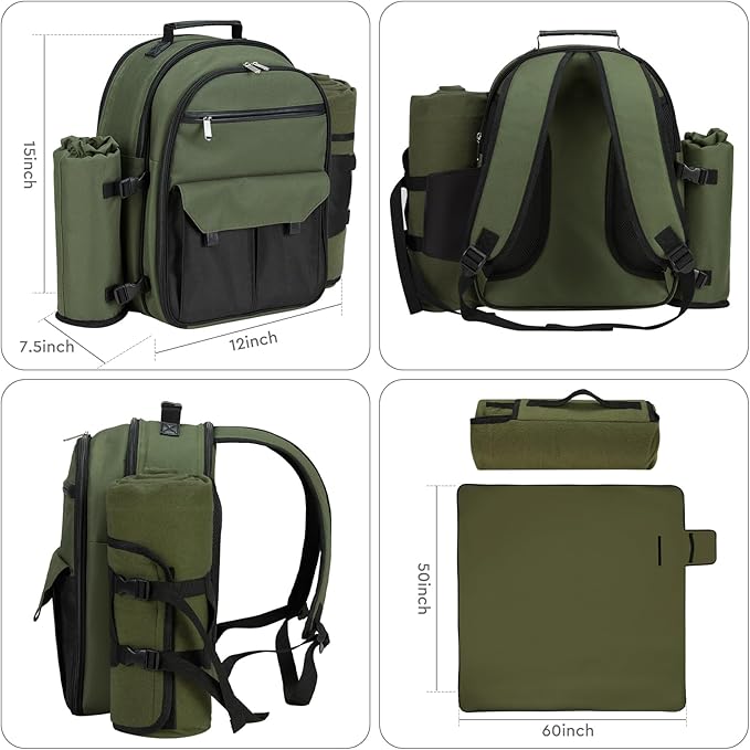 22L Insulated Picnic Basket Leak Proof Picnic Backpack for 2, Green Camping Gifts, Cool Bridal Shower Gifts for Bride and Groom, Mr and Mrs, Anniversary Engagement Wedding for Newly Engaged Couples