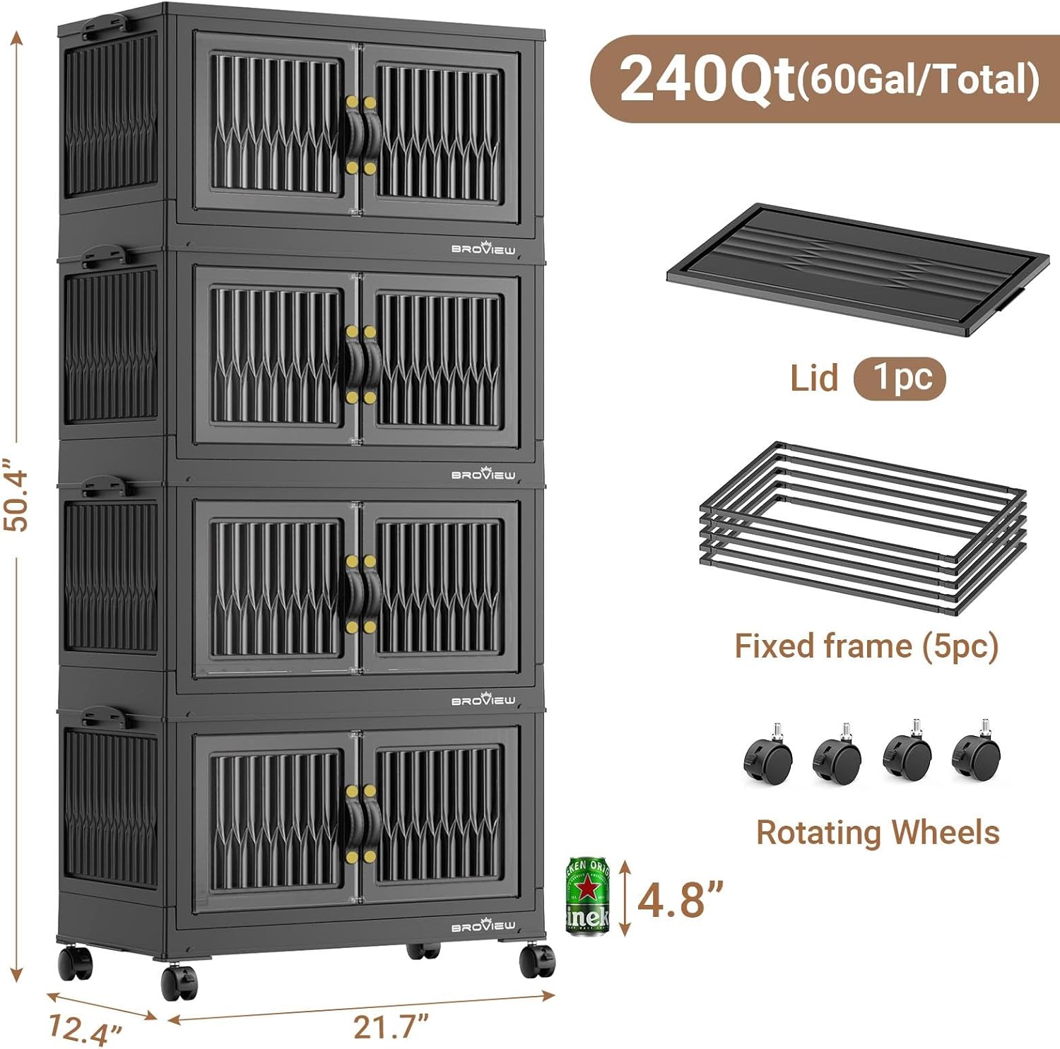 240Qt Stackable Storage Bins with Lid, Extra Large Closet Organizer Collapsible Drawer Boxes with Wheels, Folding Plastic Cabinet Containers for Home Kitchen Room Organization, 4Pack Black