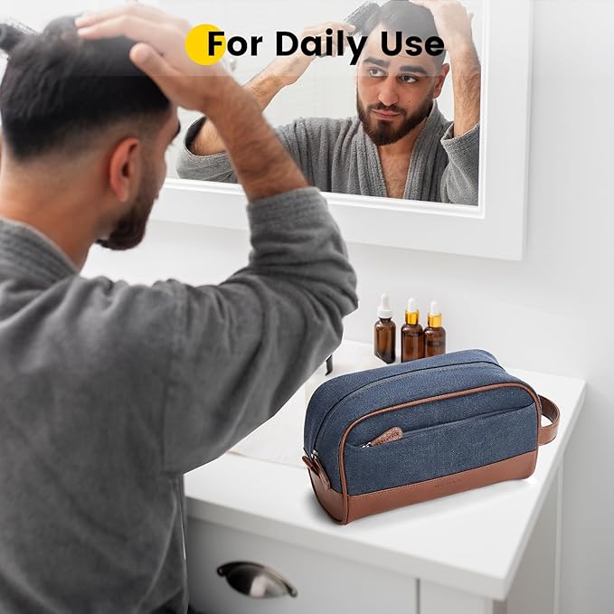 Vorspack Travel Toiletry Bag - Canvas Toiletry Bag for Men Water Resistant Skincare Bag Dopp Kit for Bathroom Toiletries Accessories Gifts - Navy Blue